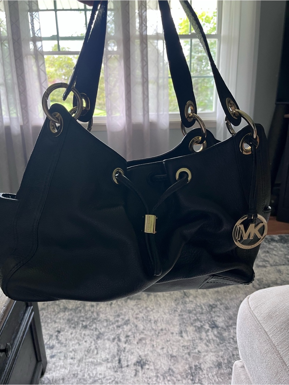 Michael Kors Black Pebbled Leather Shoulder Bag with MK Charm
